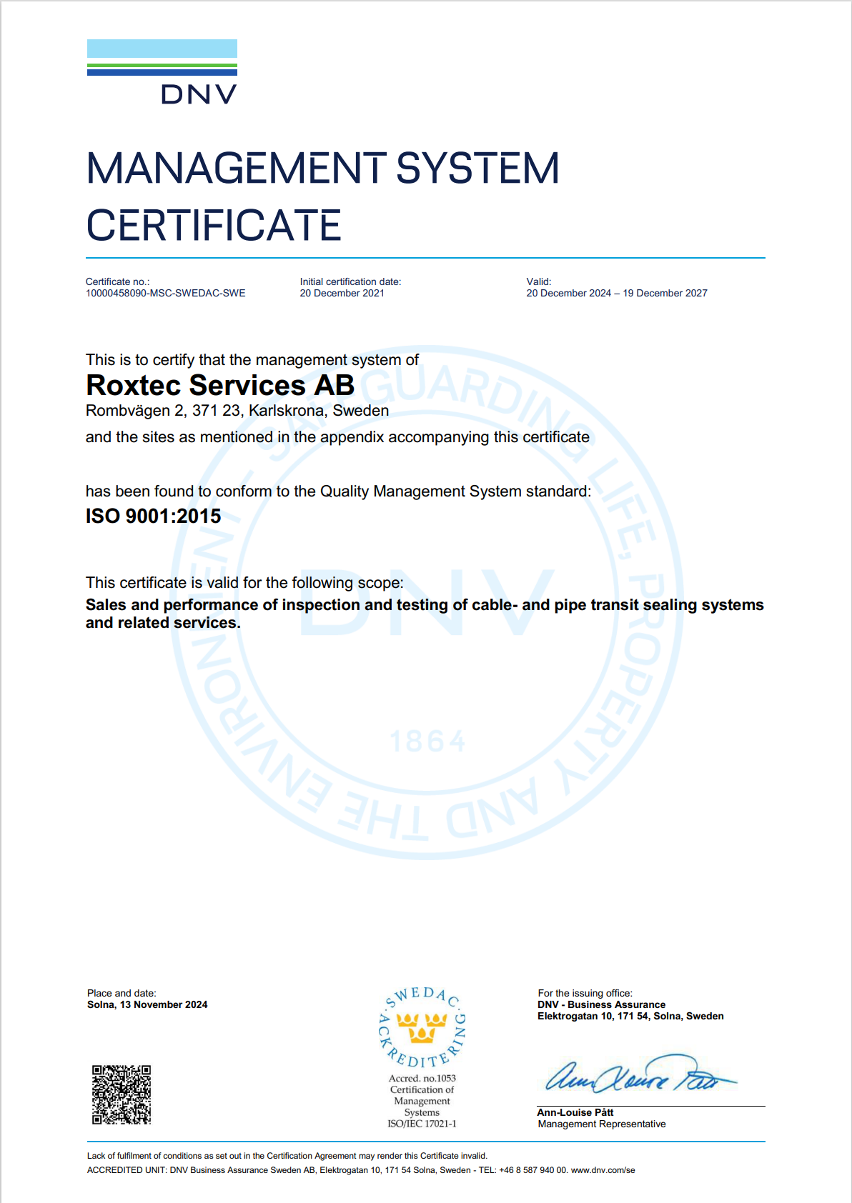 ISO 9001 certificate Roxtec Services AB