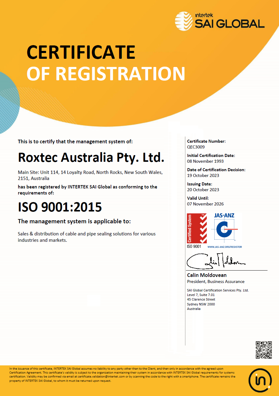ISO 9001 certificate Roxtec Australia Pty
