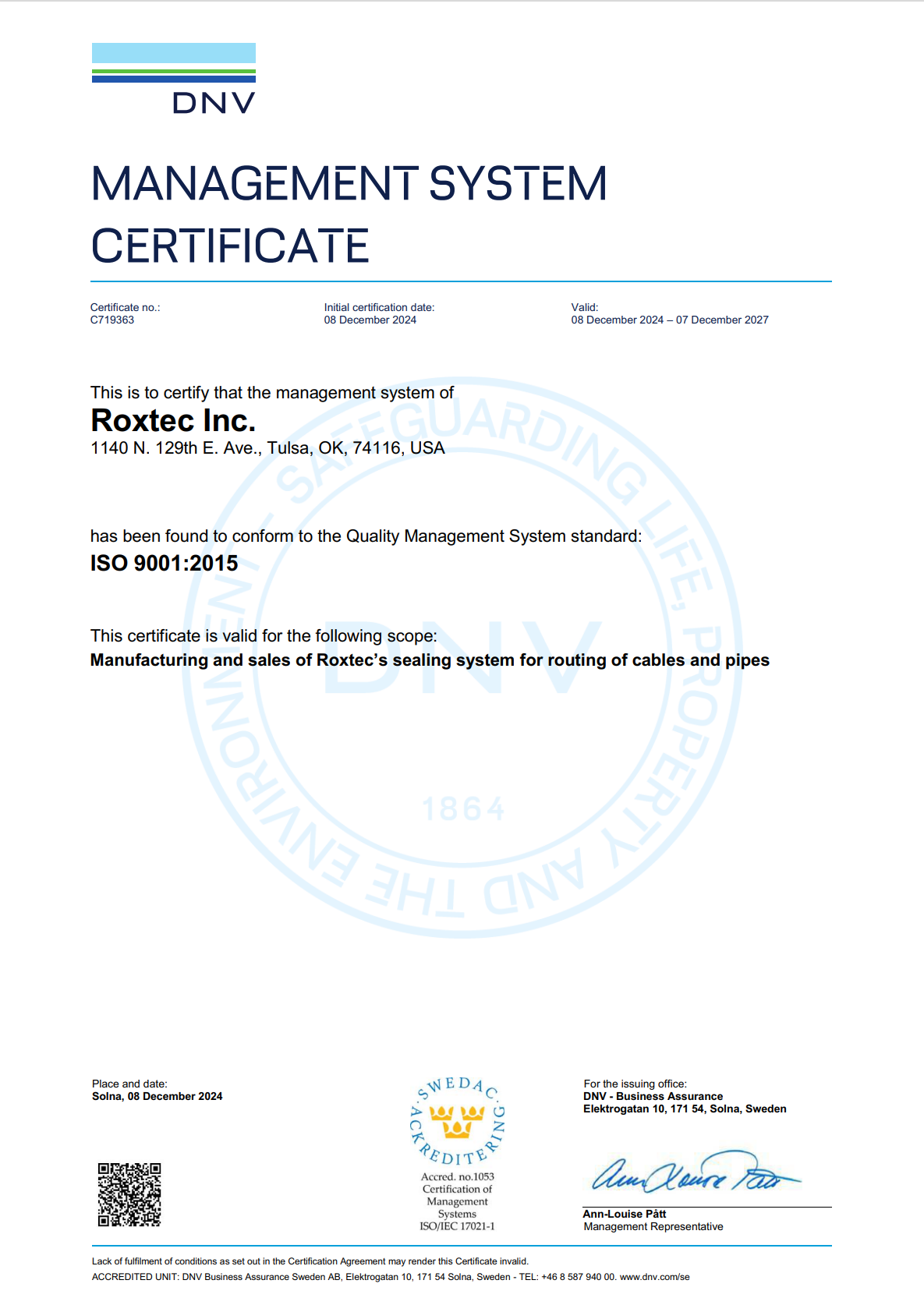 ISO 9001 certificate Roxtec Inc.