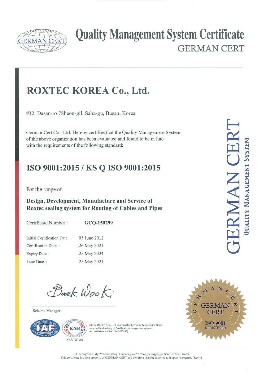 ISO 9001 certificate Roxtec Korea Co ltd