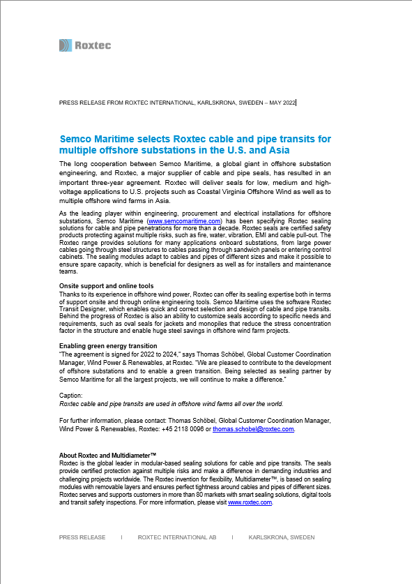 Press release from Roxtec International - Agreement with Semco Maritime