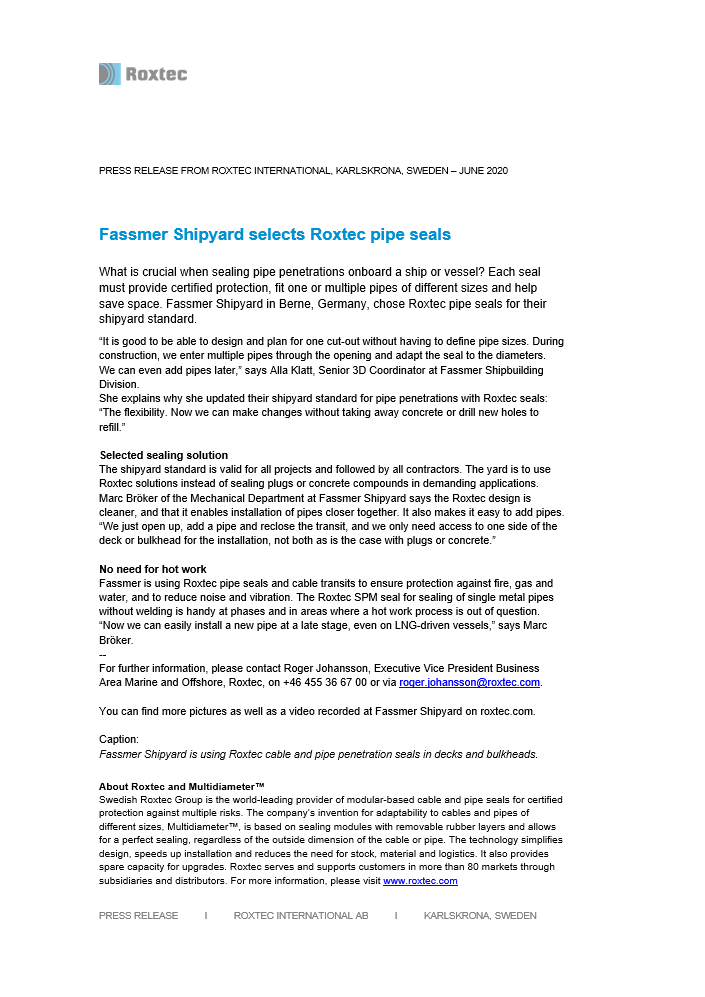 Roxtec press release Fassmer shipyard, DE