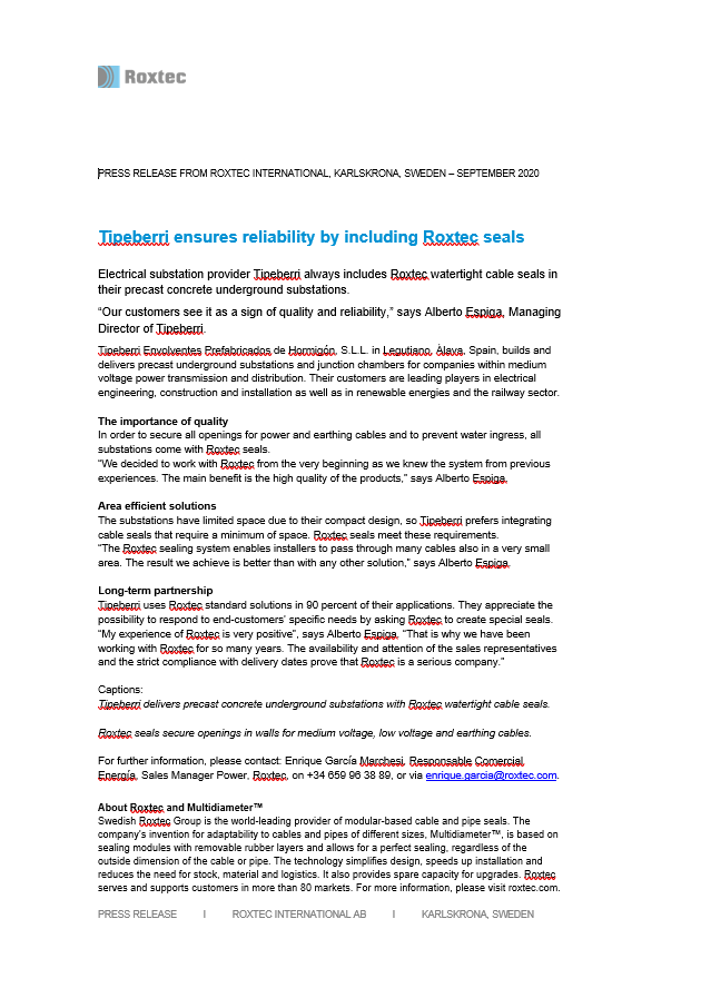 Roxtec press release Tipeberri, Spain