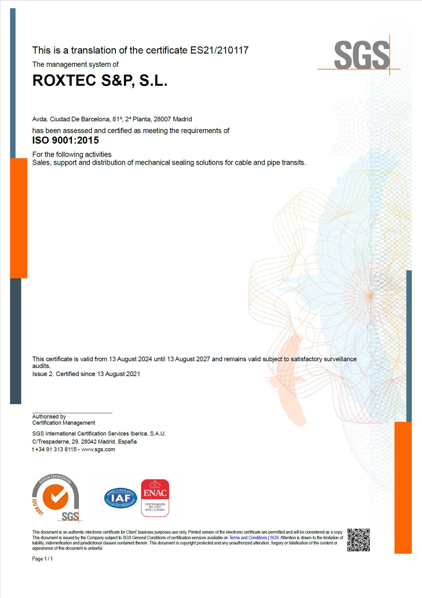 ISO 9001 certificate Roxtec SP SL