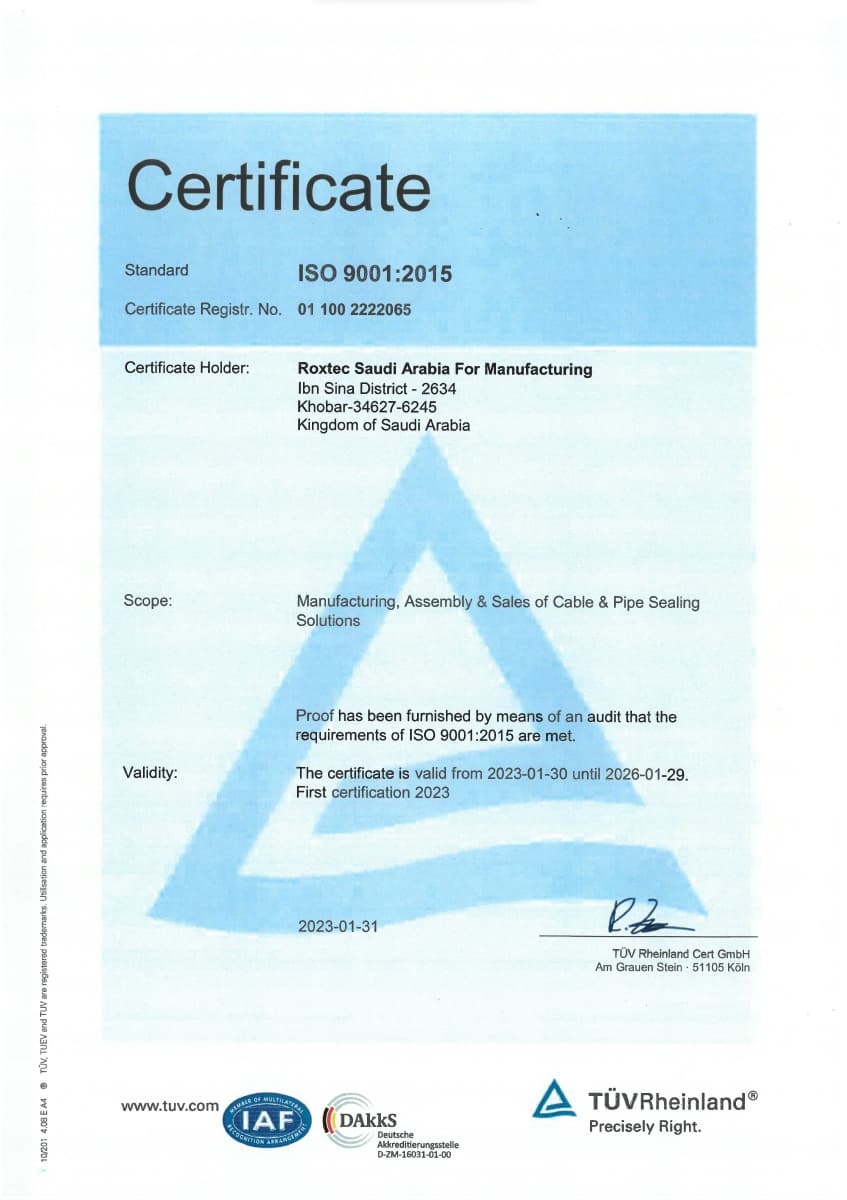ISO 9001 certificate Roxtec Saudi Arabia For Manufacturing