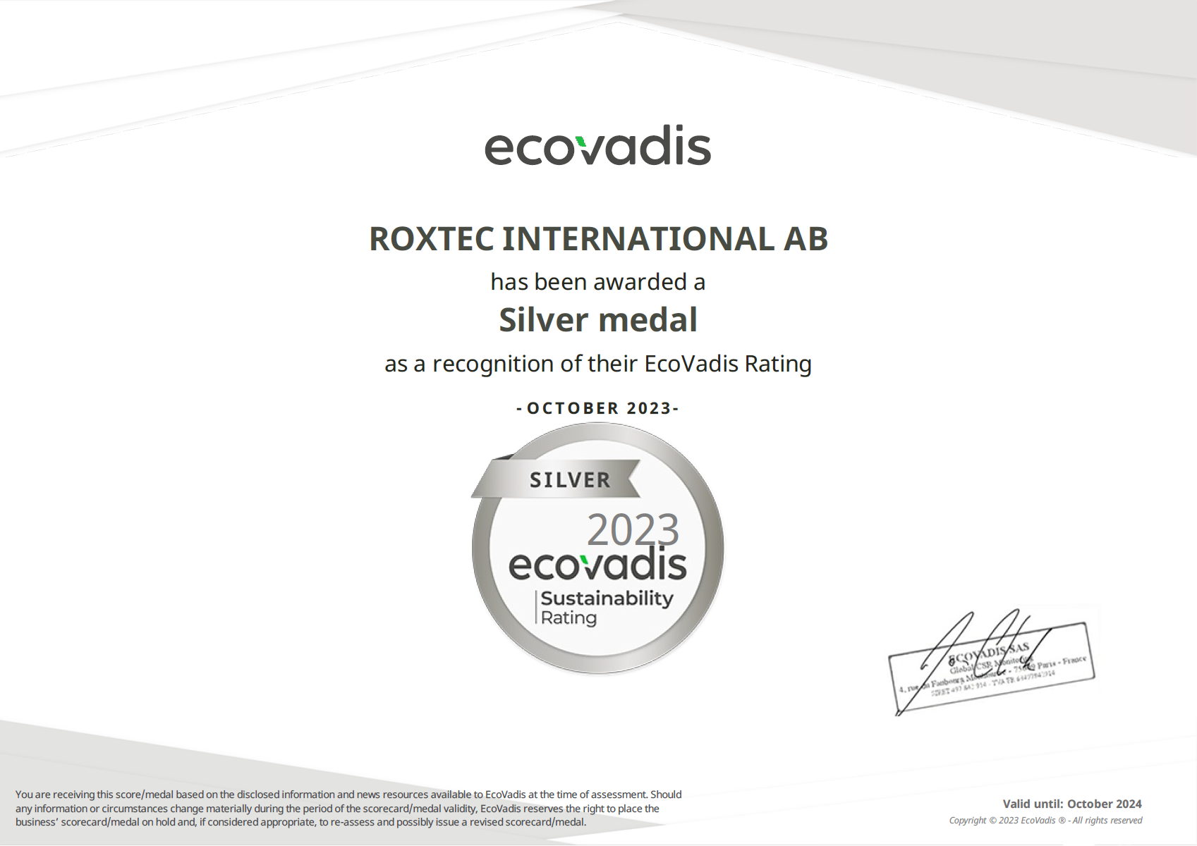Certifikat Roxtec International AB EcoVadis Rating Certificate 2023