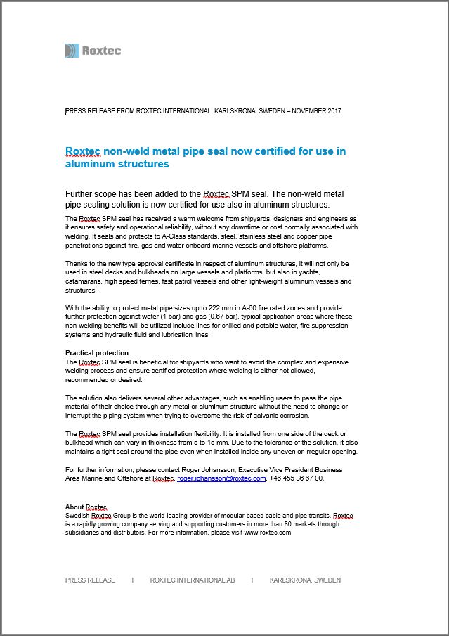 Press release - Roxtec SPM™ seal certified for aluminum structures