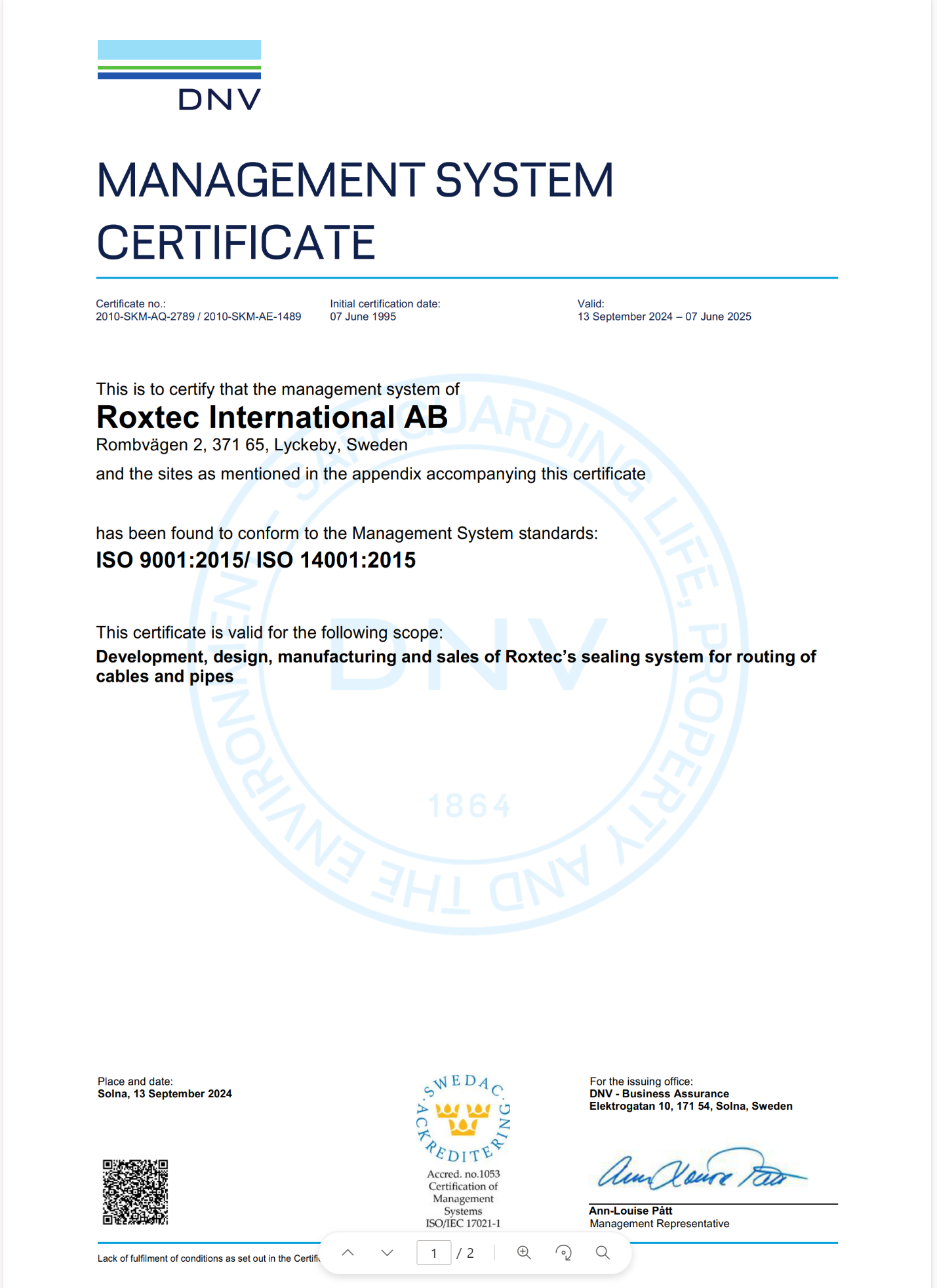 Certifikat standarda ISO 9001 14001 tvrtke Roxtec International